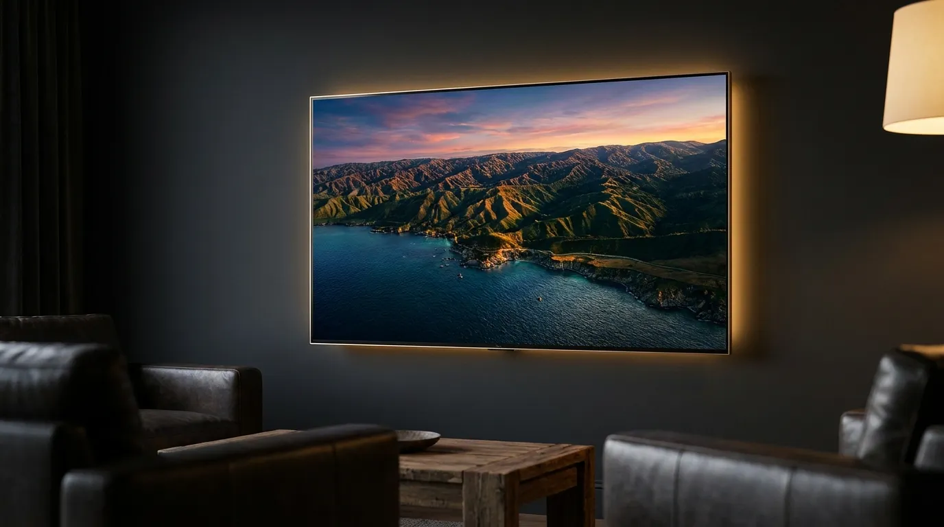 A wall-mounted 4K TV showing an ultra-sharp coastal landscape in a dark premium living room