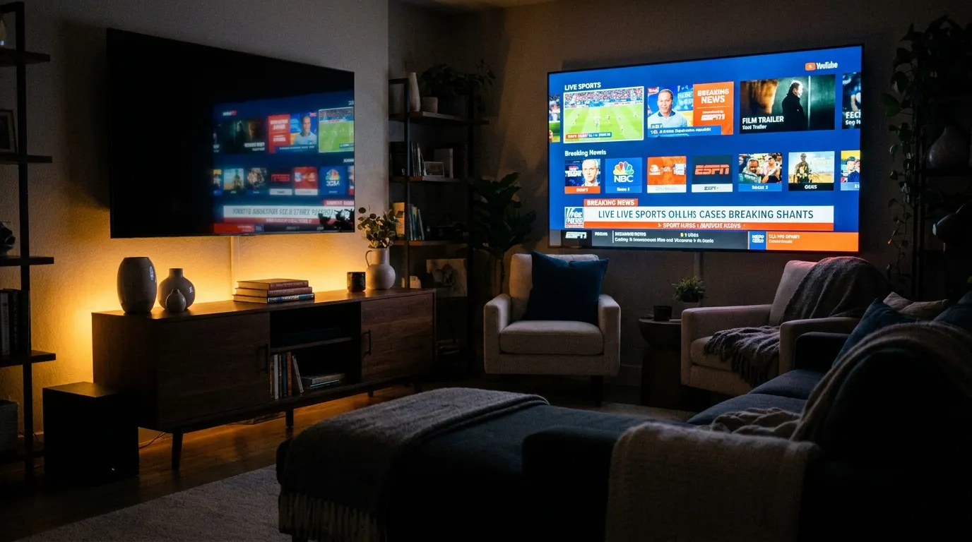 A cozy US living room at night with a large TV showing a grid of live sports, news and movies