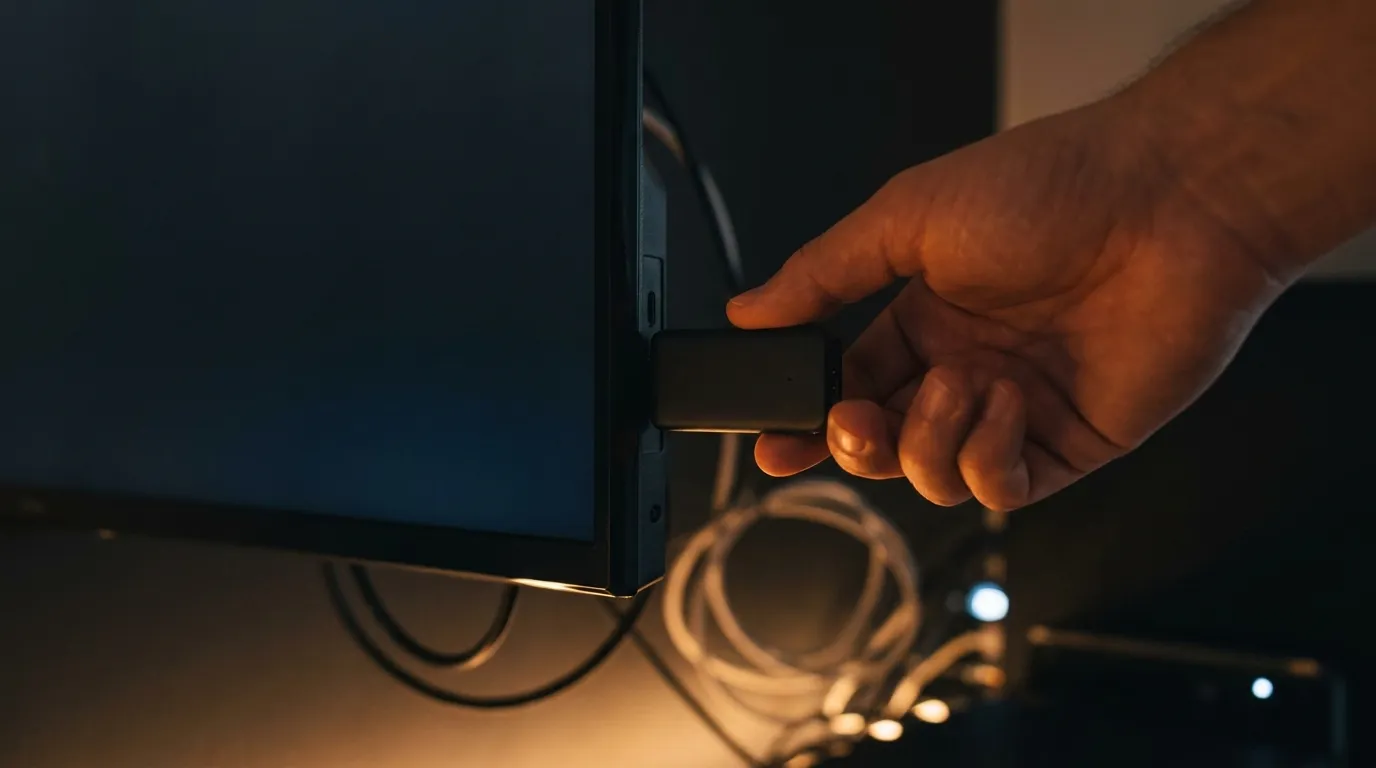 A hand plugging a streaming stick into the HDMI port on the back of a TV