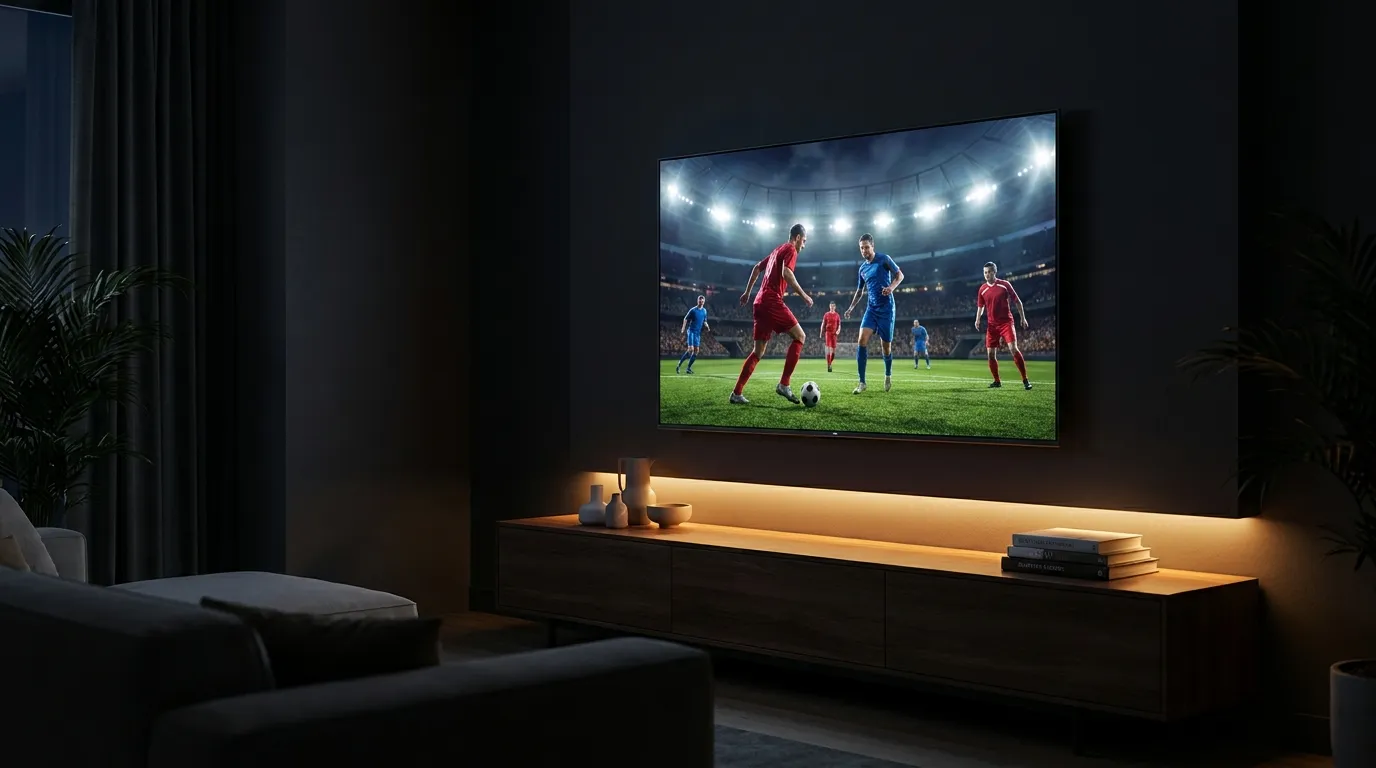 A wall-mounted 4K TV streaming a live football match in a dark modern living room