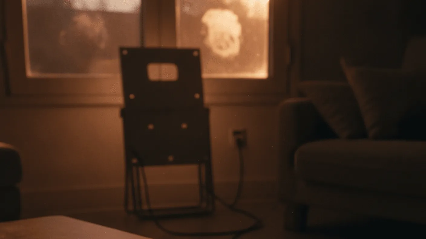 A remote control rests on a wooden coffee table at dusk, with a folded bracket near a window in the background.