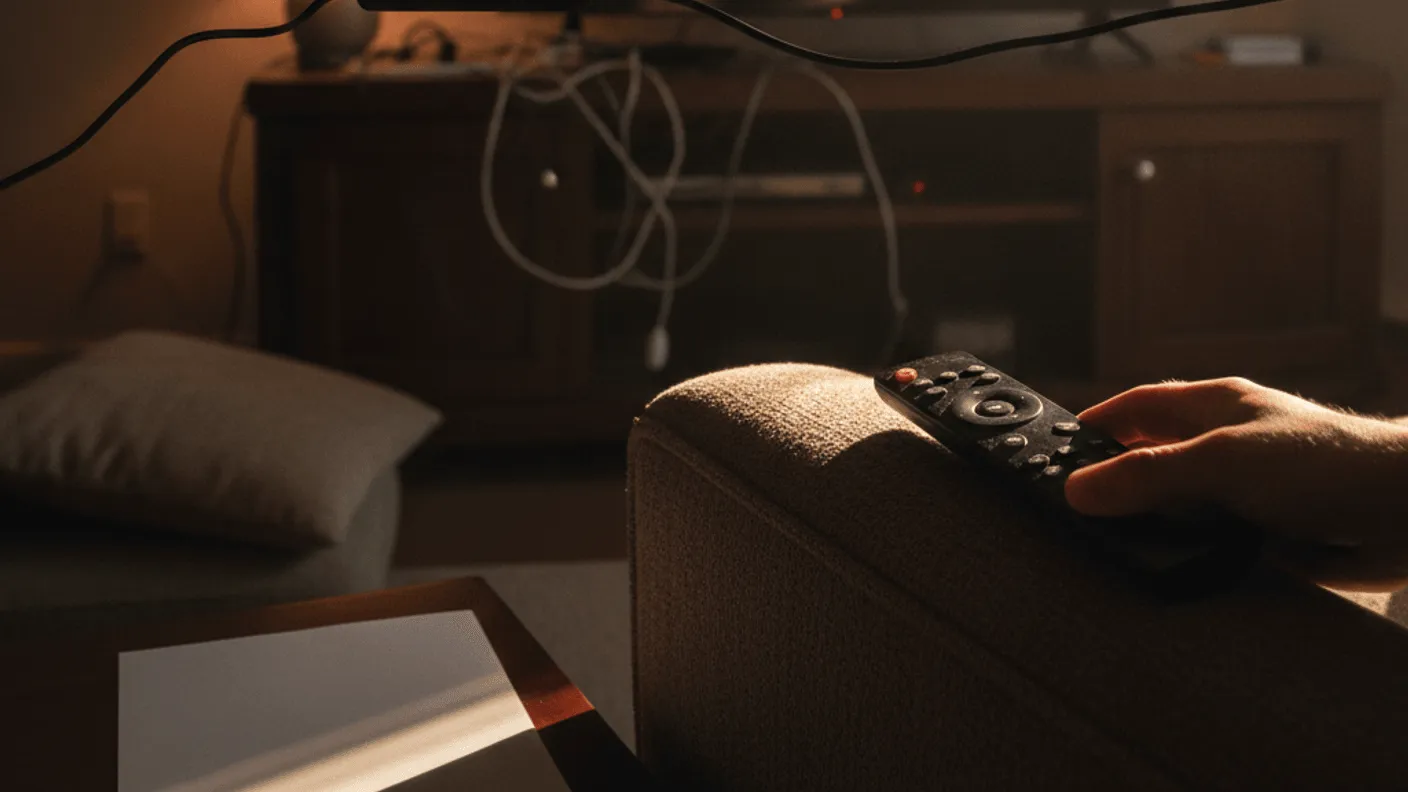 A device half plugged into an HDMI port behind a television, with a remote resting on an armrest.