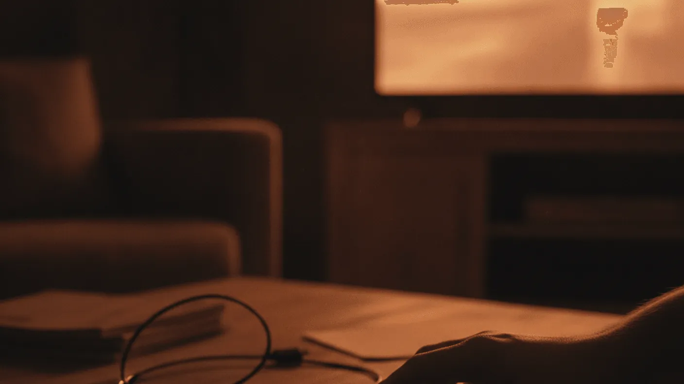 A hand reaches for a remote control on a wooden coffee table in a dimly lit room with a television in the background.
