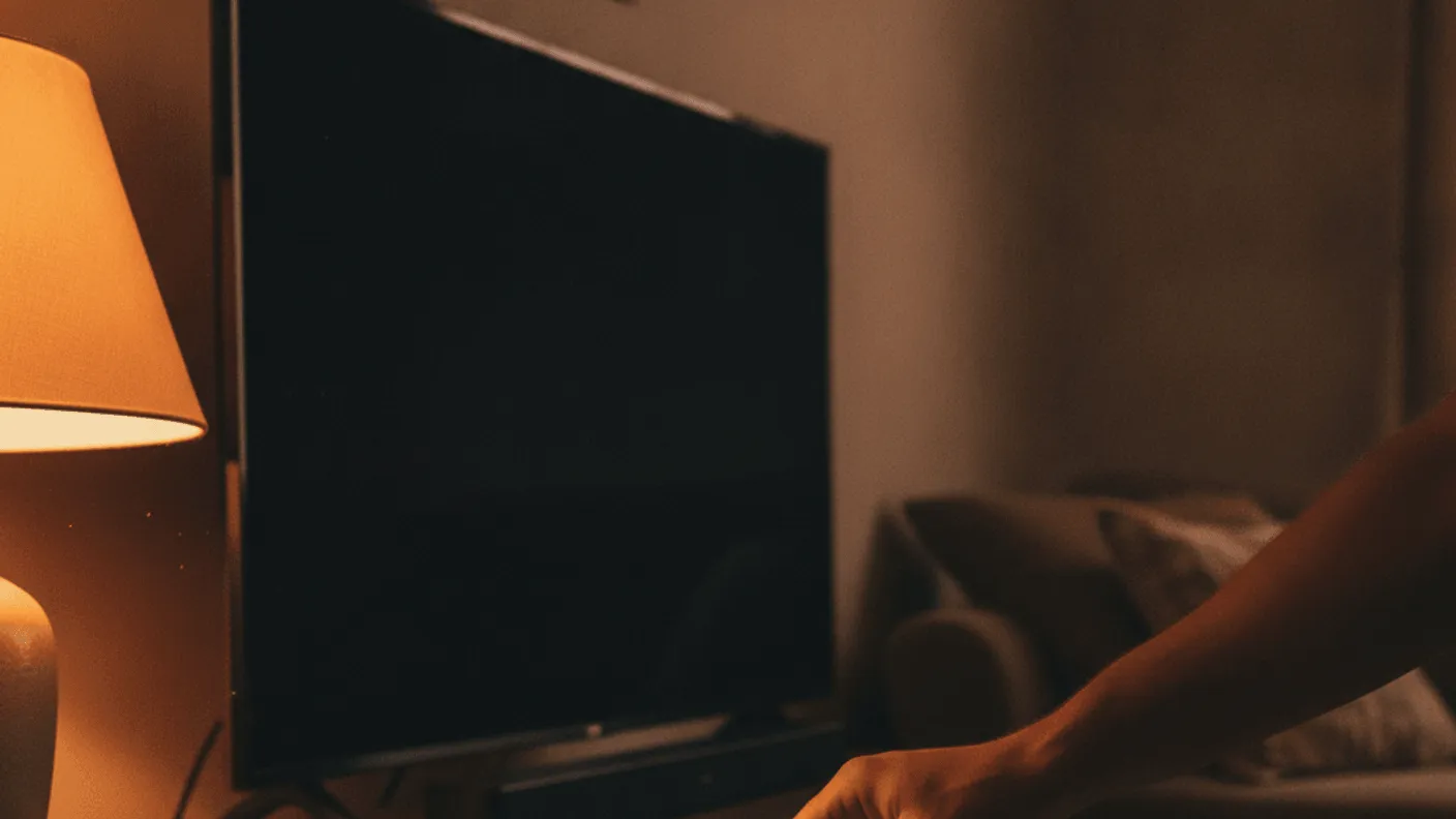 A hand reaches toward a dark television and an unbranded media box with a wired ethernet cable.