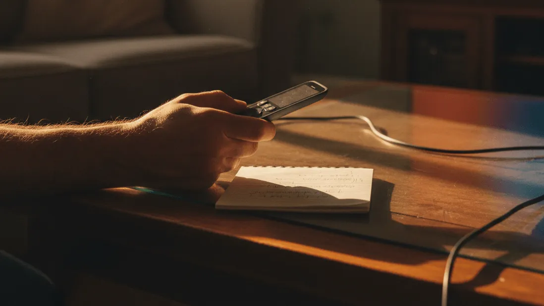 A hand holds a remote control above a coffee table with a notepad, illuminated by soft window light and a warm glow.