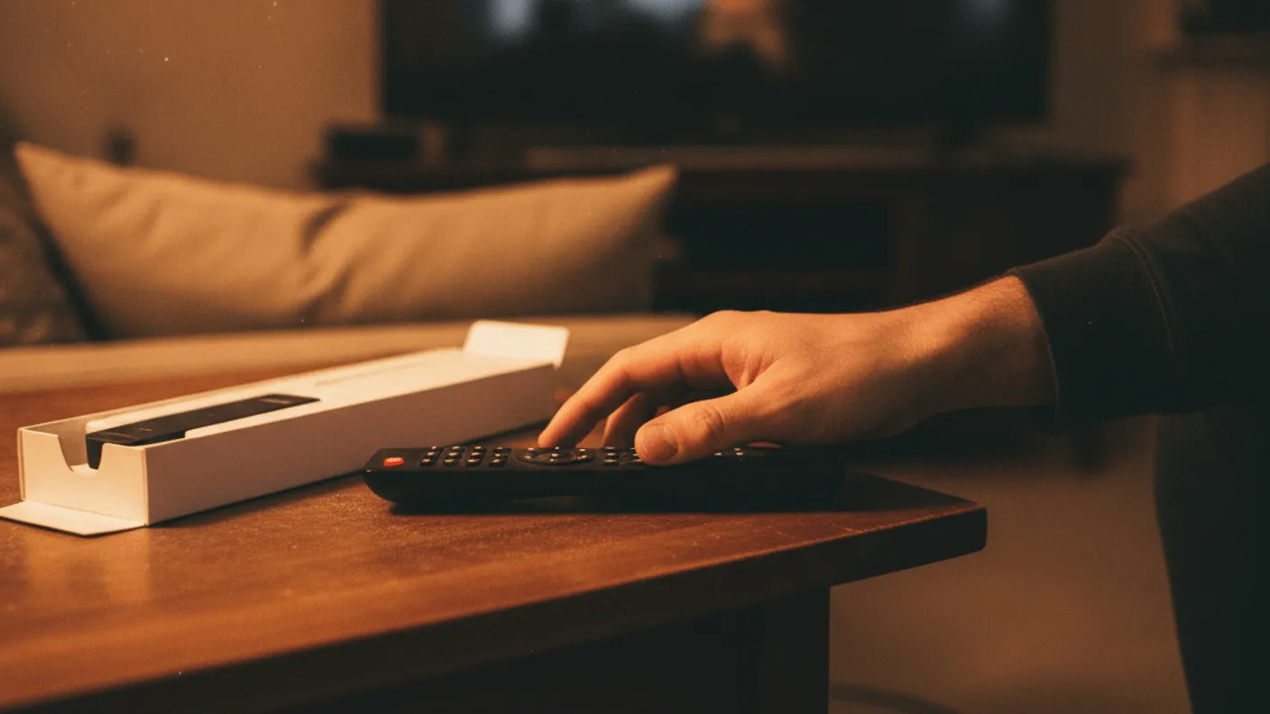 A hand adjusts an unbranded remote on a wooden table, with a streaming stick box and a television in the background.