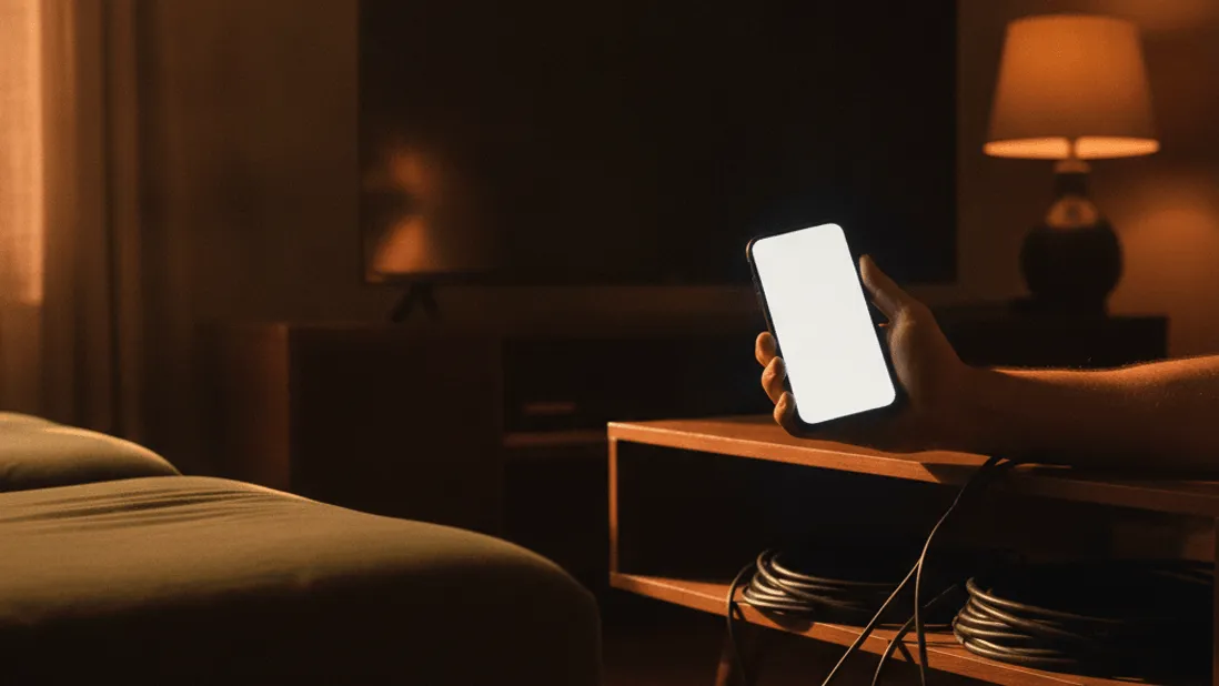 A hand holds a smartphone with a blank white screen near a TV stand with coiled cables in warm, low light.