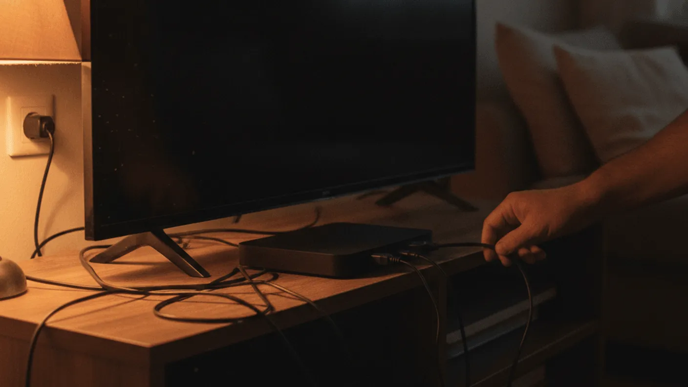 A person plugs cables into a small black streaming box on a wooden media shelf below a switched-off television.