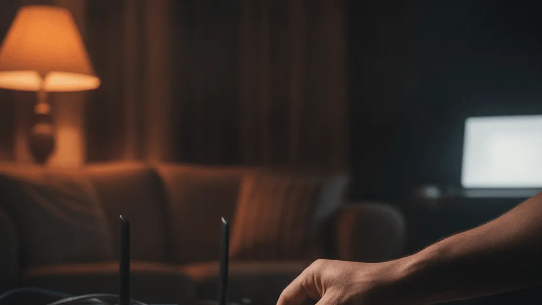 A hand plugs a blue ethernet cable into a router on a wooden table, in a dimly lit room with a warm lamp glow.