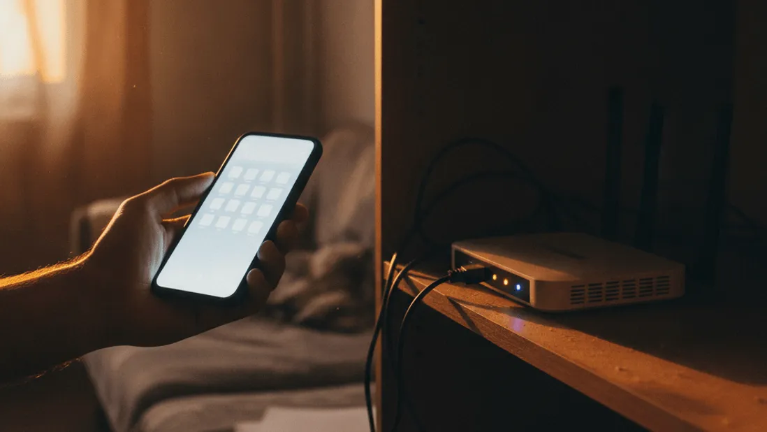 A hand holds a smartphone with a blank app grid near a router on a shelf, with warm light entering from a window.