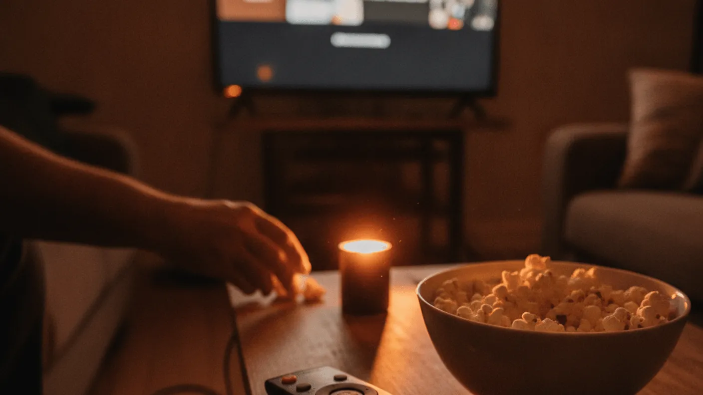 A television remote rests on a wooden coffee table at night, with a bowl of popcorn and a person's hand reaching for a snack.