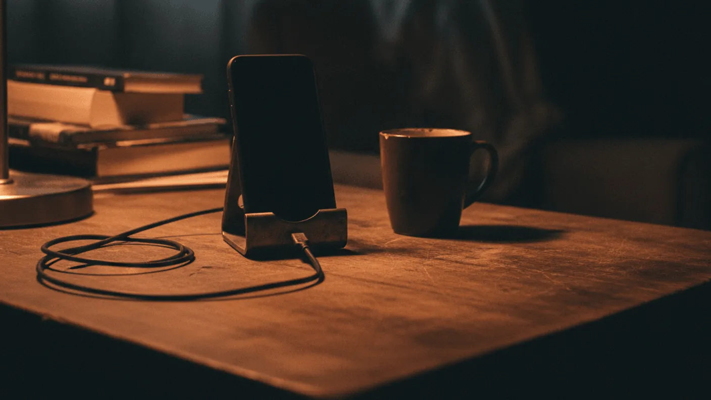 An iPhone in a stand, charging cable, and coffee mug on a wooden desk at night.