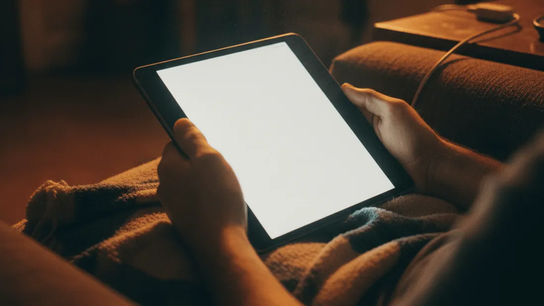 Hands hold a bright tablet screen in a dimly lit, warm-toned room with a blanket and sofa.