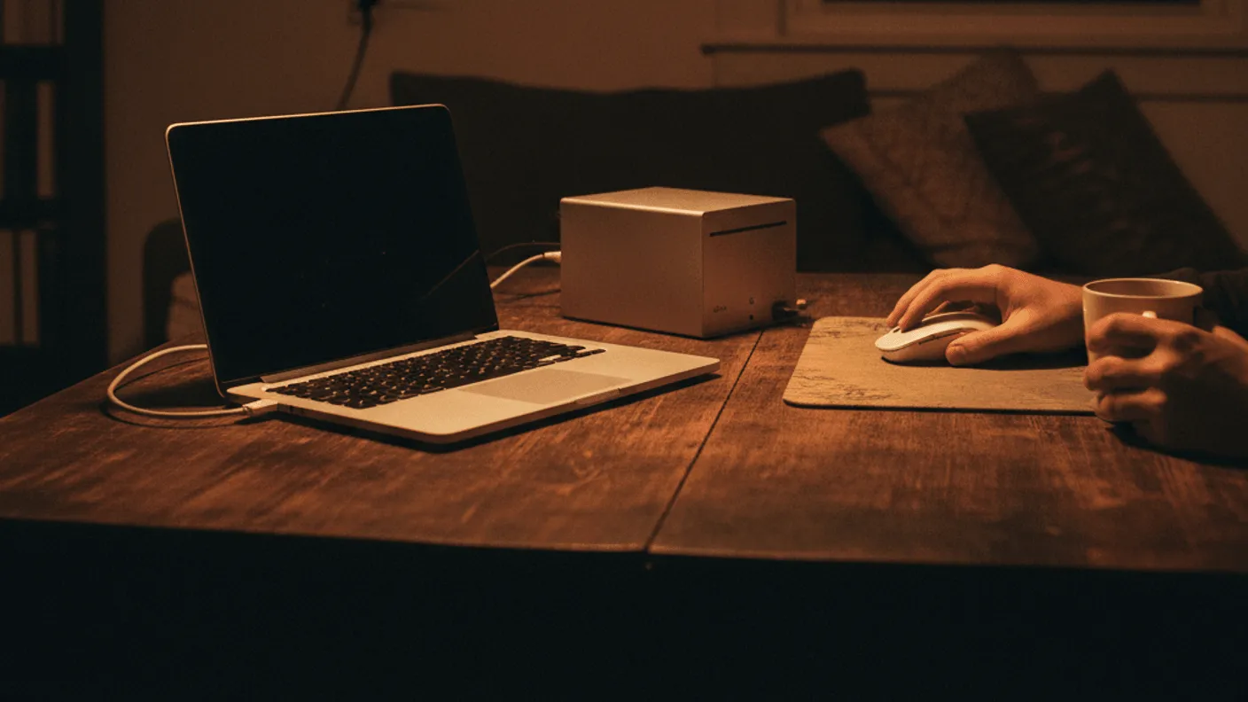 A person uses a mouse and drinks from a cup next to a laptop and desktop computer on a dark wooden desk.