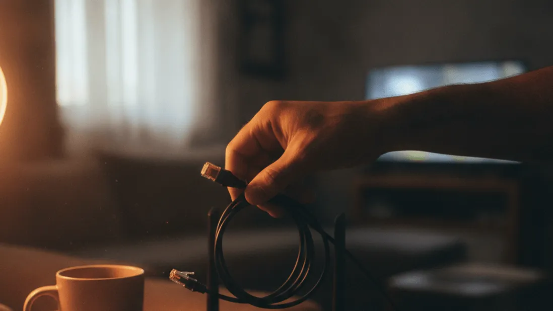 A hand holds a coiled ethernet cable above a matte black router in soft morning light with a coffee mug and earbuds nearby.