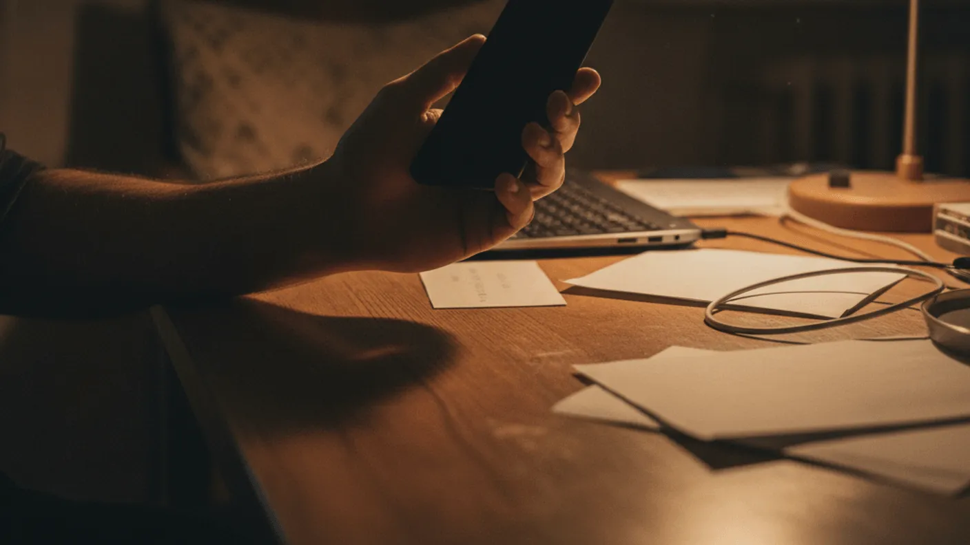 A hand holds a smartphone displaying a blank dark screen above a wooden desk at night.