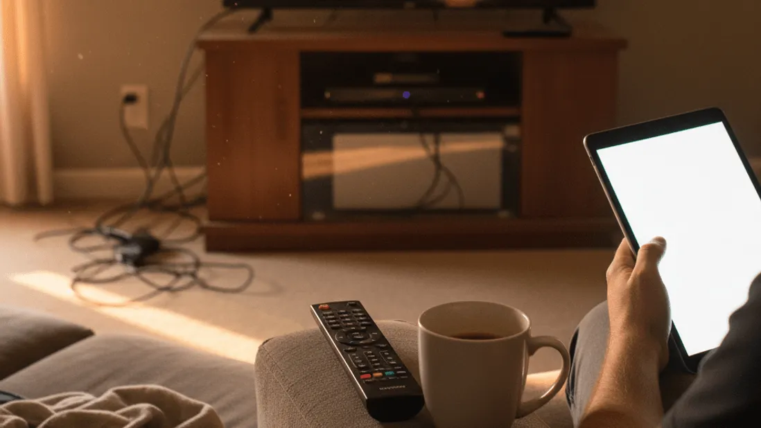 A person sits on a couch, holding a tablet, with a remote and coffee mug on the armrest and an unlit TV in the background.