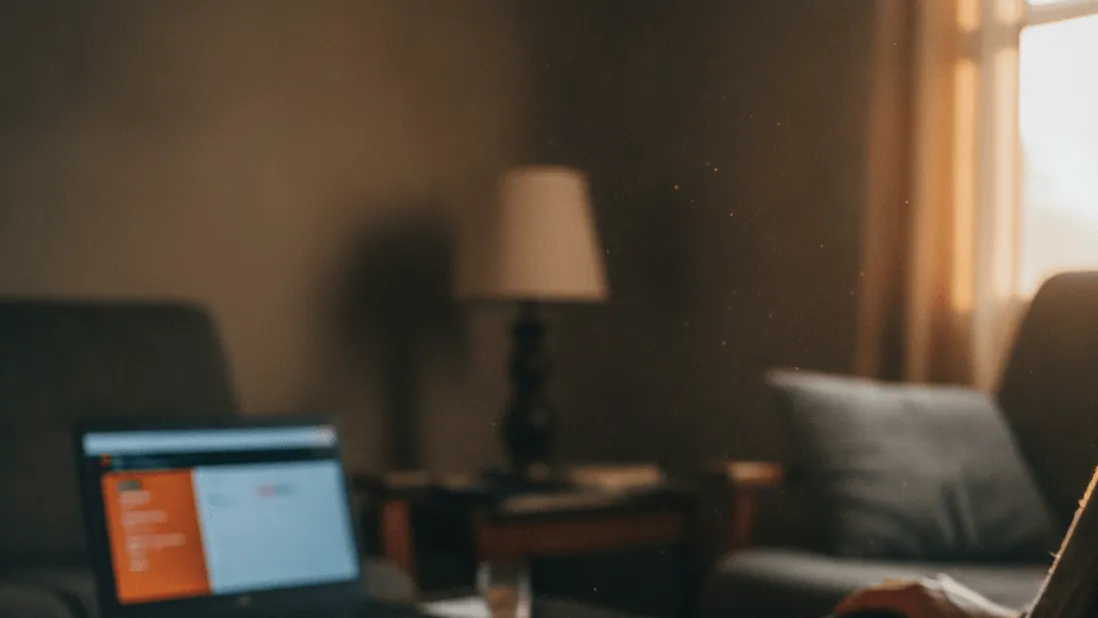 A television remote control rests on a wooden armrest next to a laptop with a blurred screen in a dimly lit room.