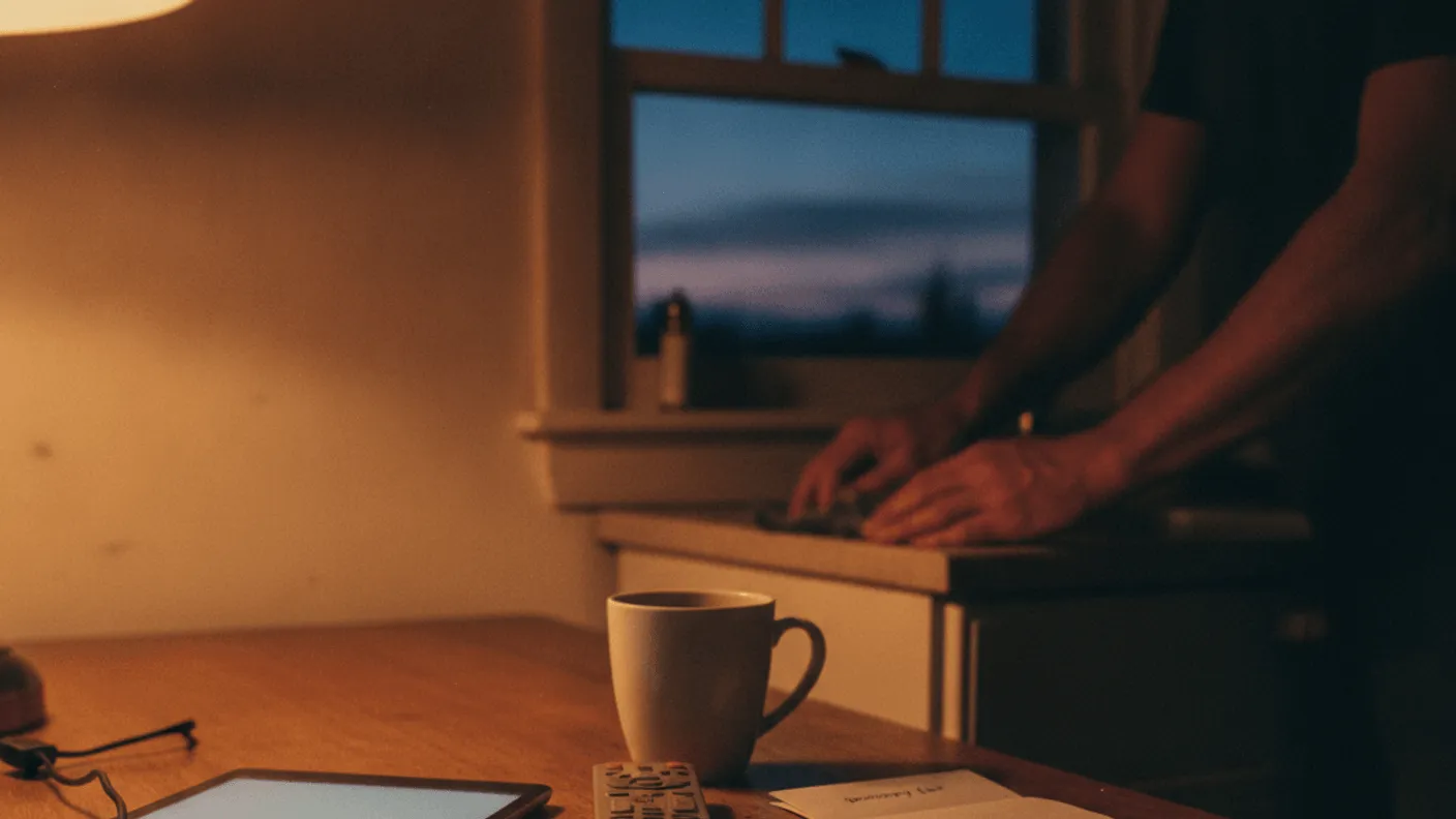 A tablet and remote sit on a kitchen table in warm lamp light, with a cup, grocery list, and a man in the background.