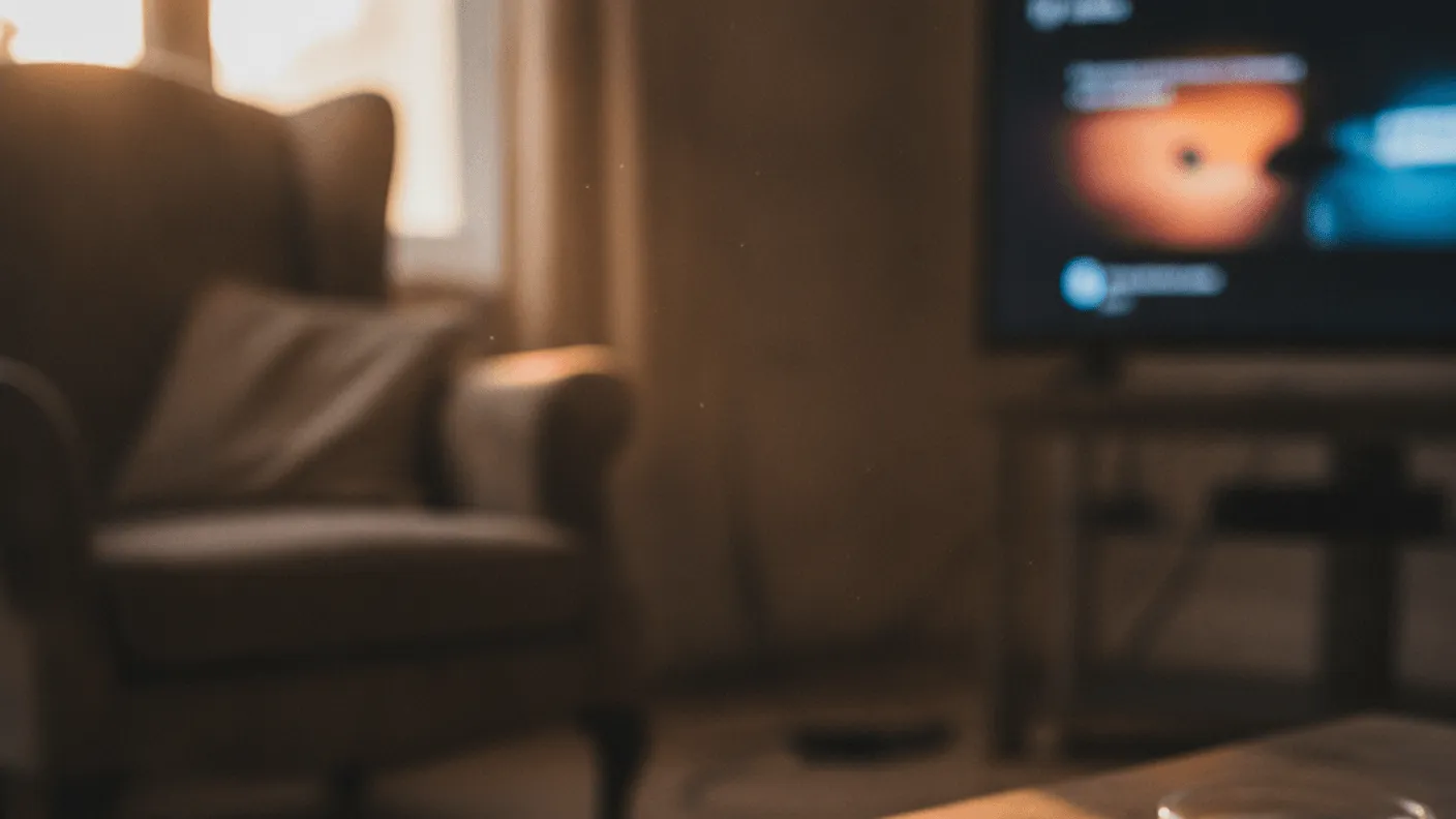 A remote control rests on a wooden coffee table in a dimly lit room with a television in the background.