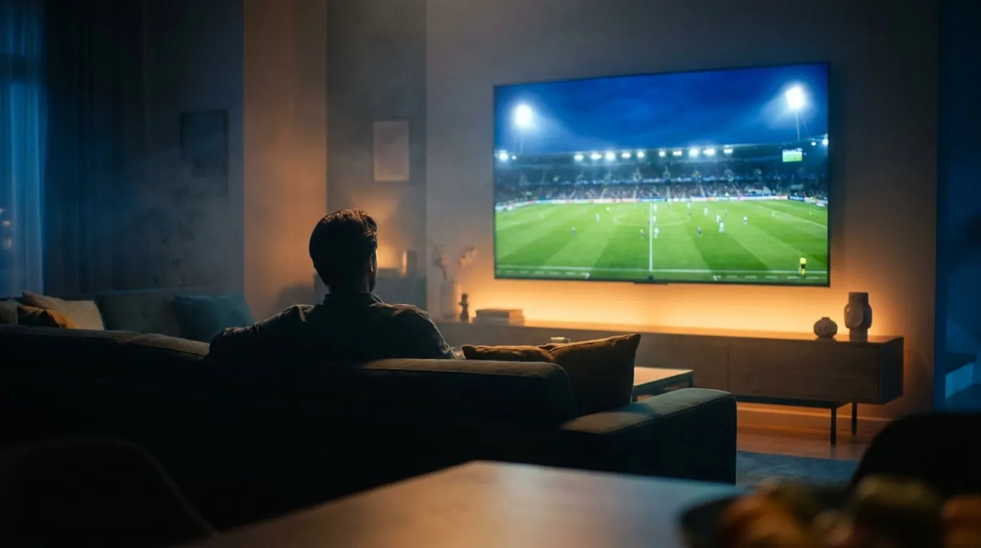 A dark living room lit by a wall-mounted TV playing live sports