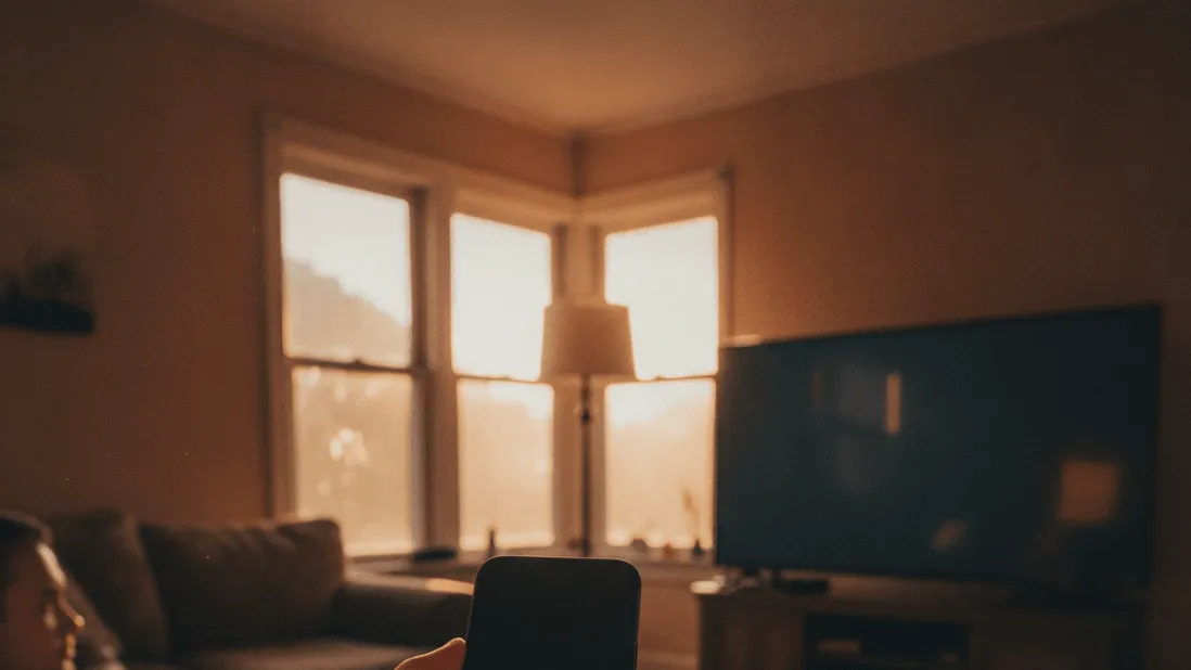 A man's hand holds a smartphone with a blank screen, pointing it towards a distant television in a sunlit living room.