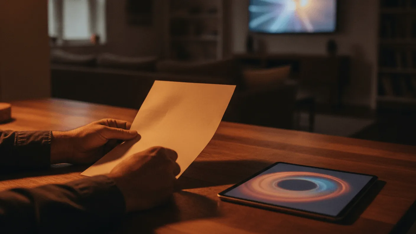 A man's hands hold a document at a kitchen table with a tablet and television in the background.