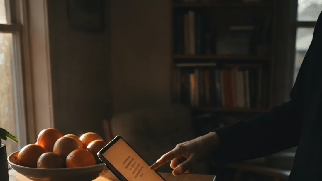 A hand taps a tablet propped against a fruit bowl, with a coiled cable and espresso nearby.