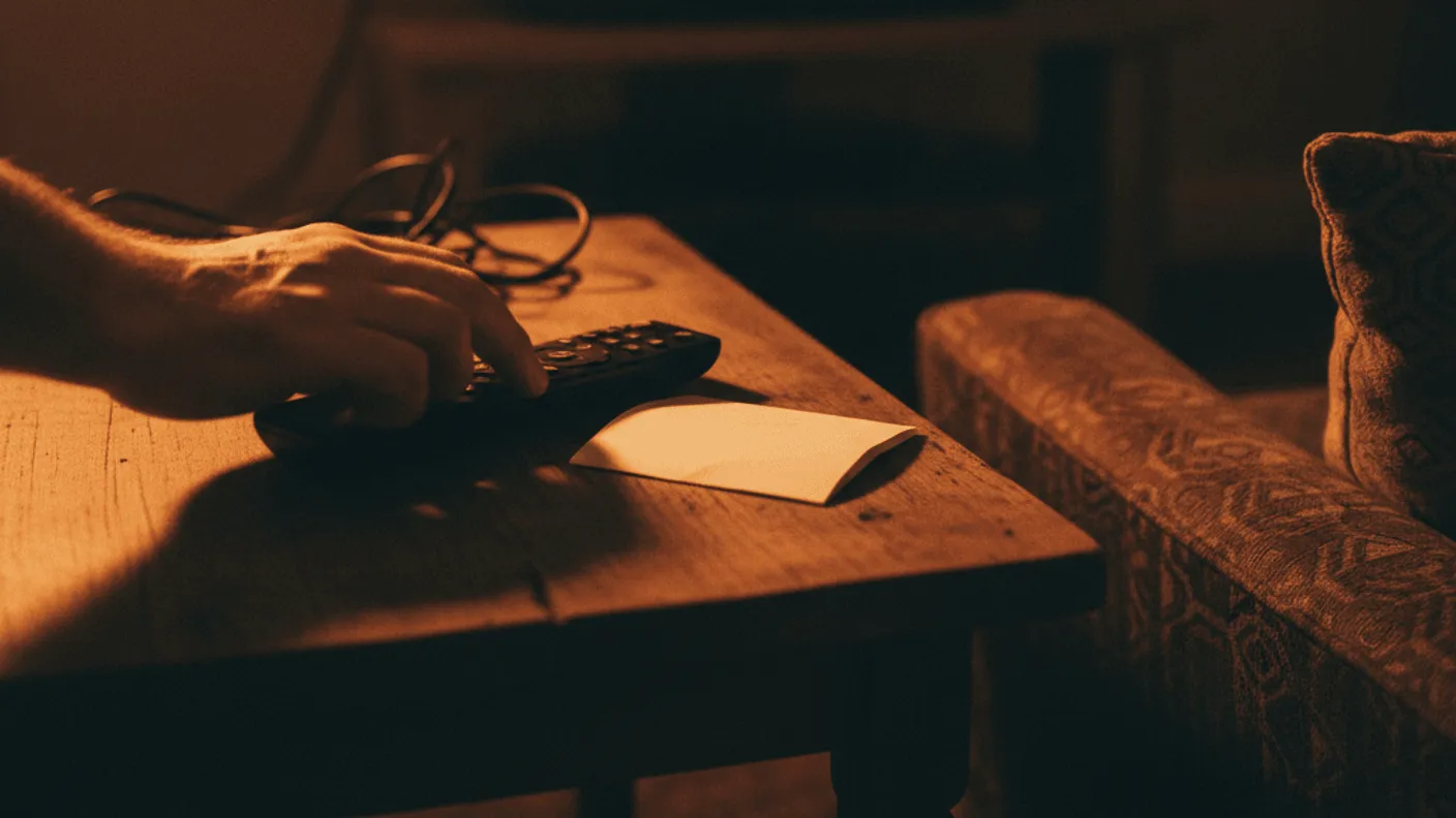 A hand presses a button on a remote control resting on a wooden table, with a blurred TV screen in the background.