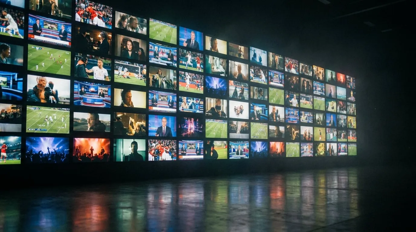 A wall of screens streaming live sports, movies and news